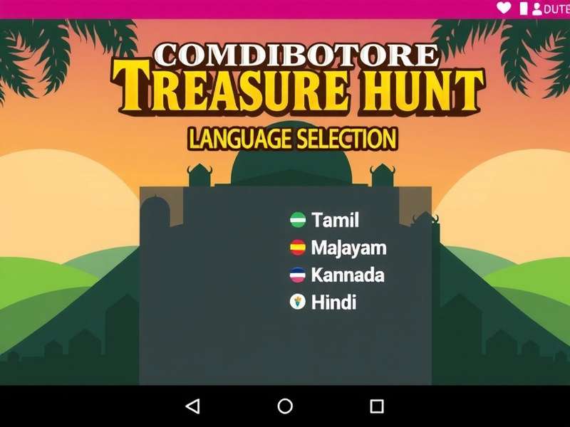 Coimbatore Treasure Hunt Language Settings Coimbatore Treasure Hunt Language Selection - Showing Tamil, English, Malayalam, Kannada, and Hindi options