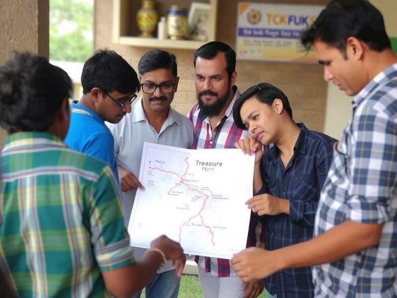 Coimbatore Treasure Hunt Team Strategy Session Coimbatore Treasure Hunt Players Planning a Route - Showing a group of players with a map discussing treasure locations